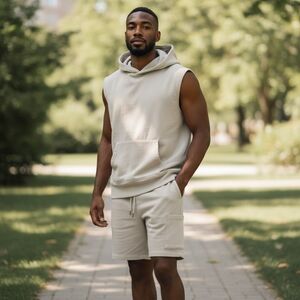 Men's Sleeveless Hoodie & Shorts Set Tan Sz M NWT